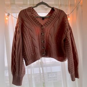 Streetwear Society Pink Cropped Cardigan with Cable Knit Details and Buttons